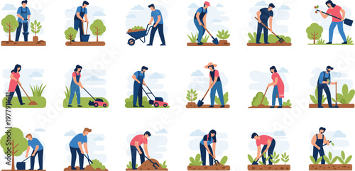 Large collection of flat vector illustrations featuring people gardening planting trees mowing lawns and working in the backyard for landscaping services.