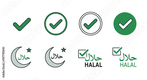 Halal Certified Icons: Checkmarks and Crescent Moon Symbols