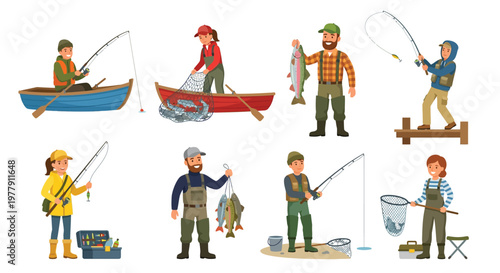 Diverse group of cartoon people enjoying various fishing activities outdoors