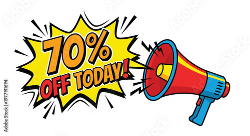 Pop art illustration of a megaphone announcing a seventy percent off sale today