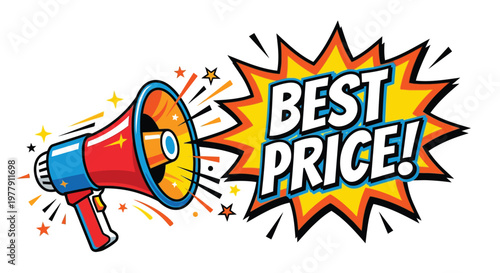 A vibrant pop art illustration of a megaphone with a best price message