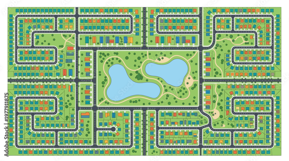 Fototapeta premium Aerial Top View Vector Map of a Planned Suburban Residential Neighborhood with Houses, Central Park, and Lake
