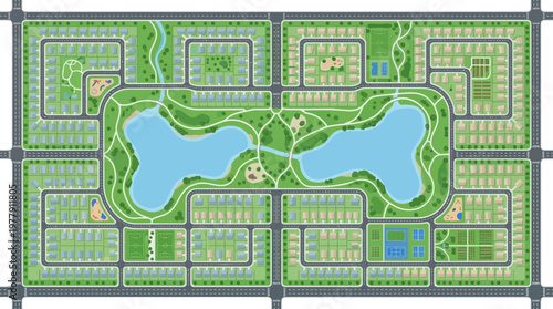 Top Down Aerial View of a Modern Residential Neighborhood Map with Parks, Lakes, Houses, and Infrastructure for Urban Planning