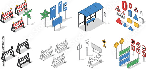 Isometric road infrastructure and traffic elements set featuring street signs bus stop shelter road barriers and directional signposts for city navigation.