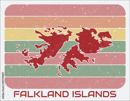 Falkland Islands vintage logo. Shape of the country on retro colored stripes background. Falkland Islands map design with grunge scratch texture. Vector illustration.