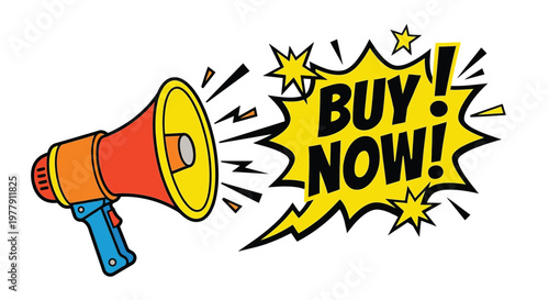 Cartoon megaphone announces a sale with a vibrant buy now message