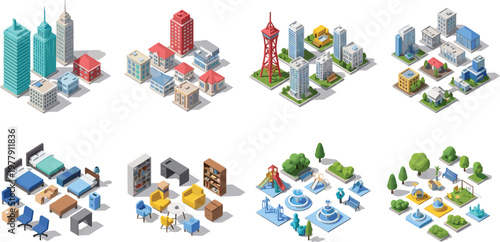 Isometric urban city buildings and interior furniture set with skyscrapers residential houses office chairs beds park fountains and playground equipment.