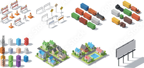 Isometric urban infrastructure set with residential houses freight trains cargo containers road barriers and blank billboard for city map creation
