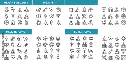 Comprehensive set of outline icons for health wellness medical medicine and religion featuring yoga meditation hospital symbols and spiritual elements for diverse design projects.