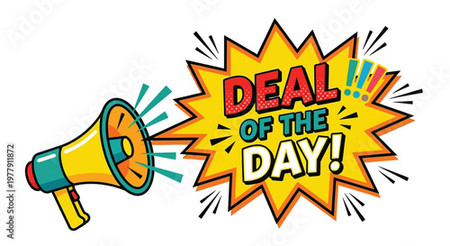 A vibrant pop art illustration of a megaphone announcing a deal of the day