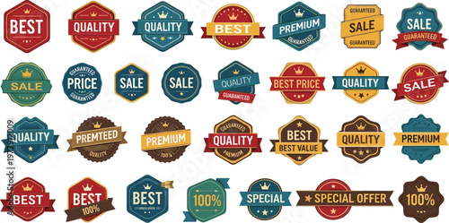 Premium collection of vintage sale badges and quality labels featuring best price guarantee stickers with elegant ribbons and crowns for commercial retail promotion and high-end brand marketing  tags.