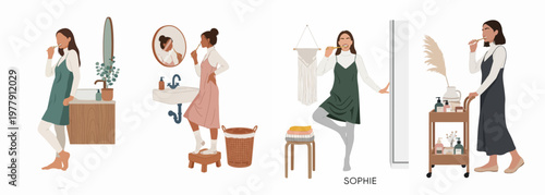 Minimalist vector illustration set of a young woman brushing her teeth in various modern bathroom settings, showcasing a healthy daily morning routine.