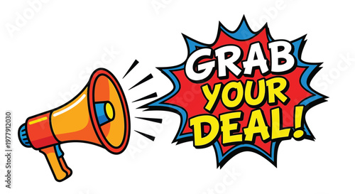 A vibrant comic style illustration of a megaphone with a sale announcement