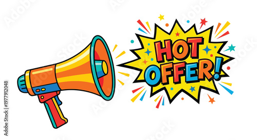 A colorful illustration of a megaphone announcing a hot offer