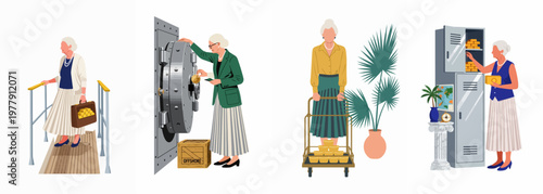 Wealthy elderly woman managing her fortune with gold bars, bank vaults, and offshore accounts for secure financial retirement planning illustration