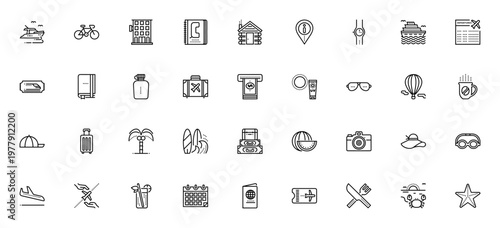 Travel icon set. Vector illustration pack featuring yacht, bicycle, hotel, passport, airplane, suitcase, beach and more travel essentials. Editable stroke.