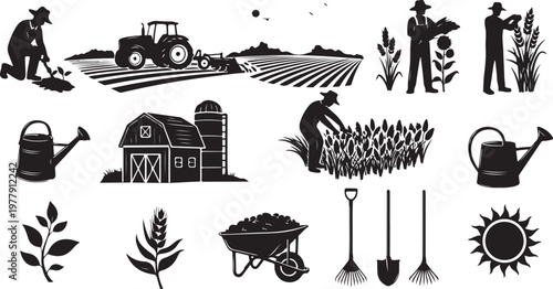Agricultural icons and farming tools in black and white