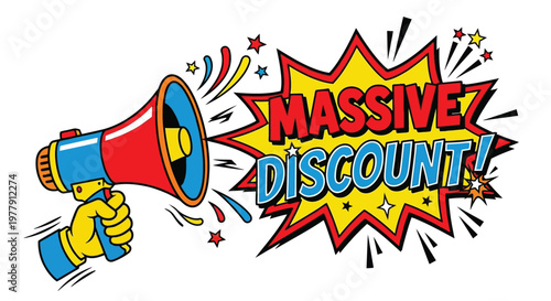 Pop art illustration of a megaphone announcing a massive discount offer
