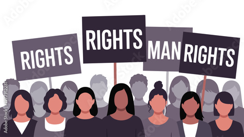 A diverse group of people standing together in a crowd holding signs demanding human rights