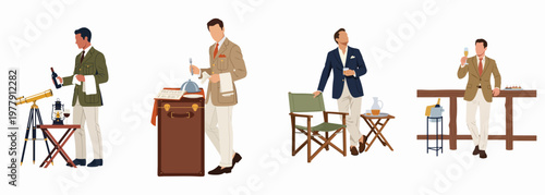 Flat vector illustrations of an elegant man in vintage safari attire enjoying luxury travel, fine dining, stargazing, and champagne cocktails.