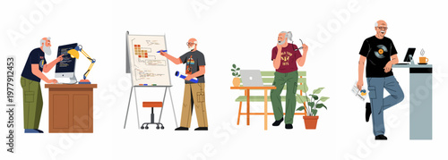 Set of illustrations depicting elderly male software developers and programmers working with computers, flipcharts, and laptops in a modern office environment.