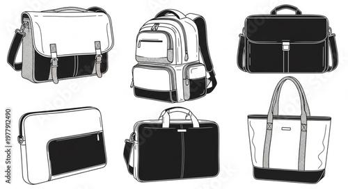 Collection of Various Bags - Messenger, Backpack, Briefcase, and Tote.