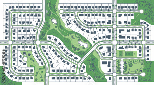 Suburban Residential Neighborhood Master Plan Illustration Featuring Houses, Parks, Green Spaces, and Urban Development Layout