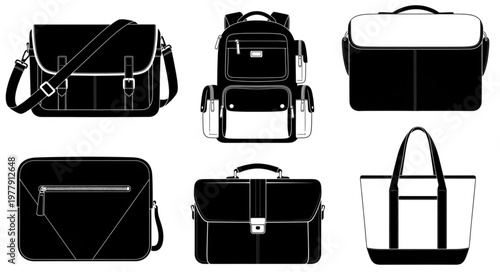 Collection of Stylish Bags - Messenger, Backpack, Briefcase, and Tote.