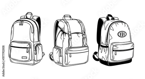 Detailed Line Art Depiction of Three Backpacks in Varied Styles.
