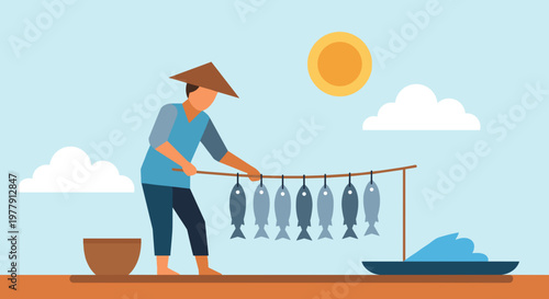 Man drying fish on rack.