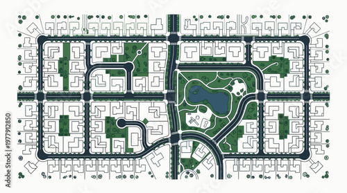 Suburban Neighborhood Master Plan Illustration with Residential Houses, Green Spaces, and Community Park Pond