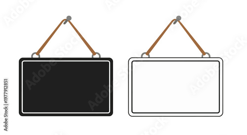 Two rectangular frames hanging from ropes one black and one white