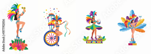 Collection of four carnival dancers in traditional Brazilian outfits with vibrant feathers and musical instruments isolated on white background