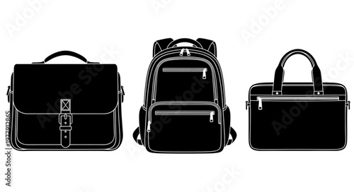 Three black bags - a briefcase, a backpack, and a handbag.