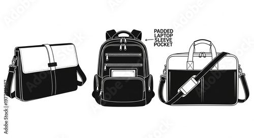 Three types of bags - messenger bag, backpack, and duffel bag.