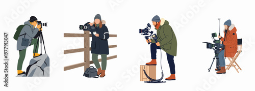 Flat illustration of professional photographers and videographers in winter gear with cameras and equipment on a white background.