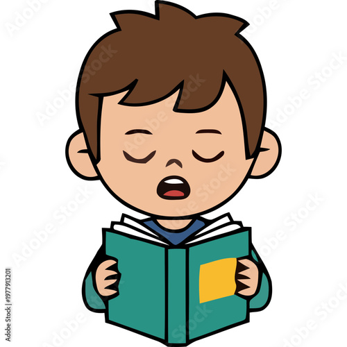 A cartoon boy reads a green book with a yellow square on the cover inside a room.