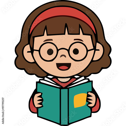 A young girl reads a book while smiling cheerfully indoors