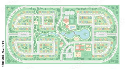 Suburban Residential Master Plan Illustration Featuring Houses, Parks, Community Lake, and Sports Facilities in a Green Neighborhood Layout