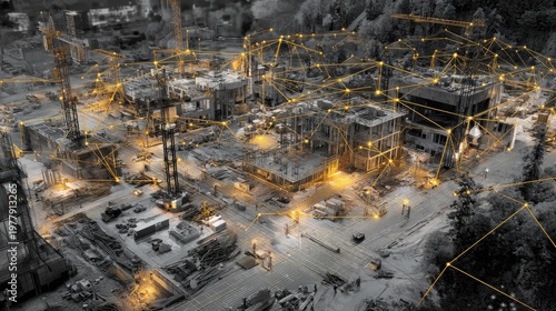Aerial view of a construction site with illuminated structures and networking lines, showcasing progress