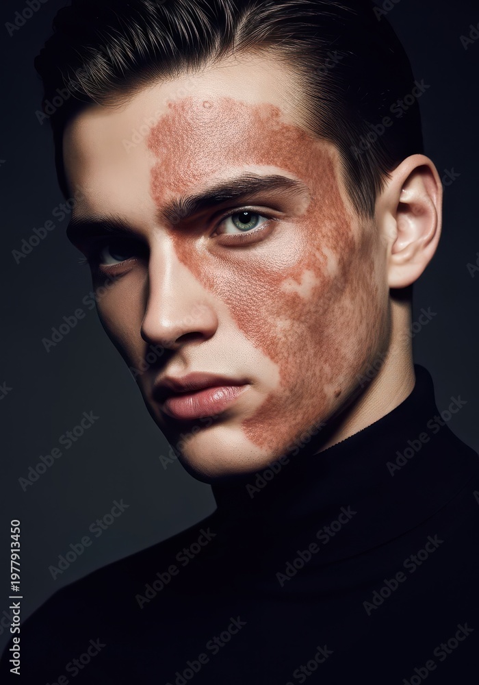 Obraz premium Young man poses for a portrait while showcasing a distinctive skin condition on his face.