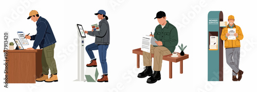 Illustrations of people in workwear applying for and receiving loan approvals through various digital and physical service points.