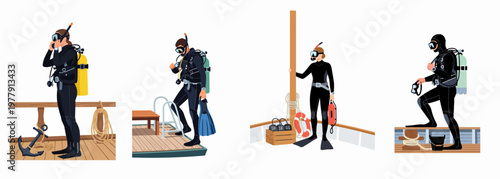 Set of illustrations showing male and female scuba divers in full gear preparing for a dive on boat decks and docks