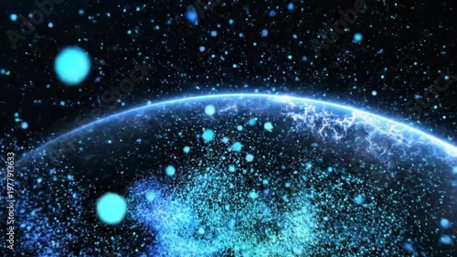 Abstract digital background with glowing blue particles and light streaks, representing space, technology, or a futuristic cosmic energy field