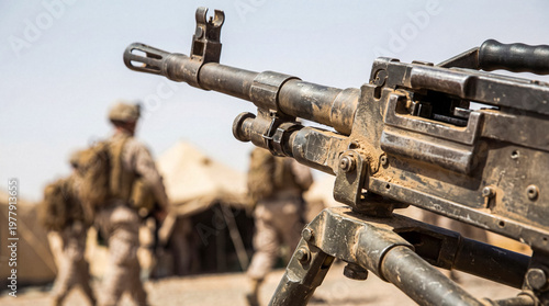 Tableau sur toile Close-up of a heavy machine gun on a tripod, with blurred soldiers and military tents in a desert background