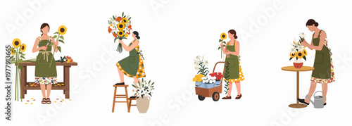 Collection of flat vector illustrations featuring female florists arranging beautiful sunflower bouquets and working in a garden shop.