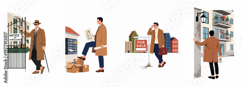 Illustrations of a man in a brown coat engaged in various real estate activities including foreclosure, property viewing, selling, and key possession.