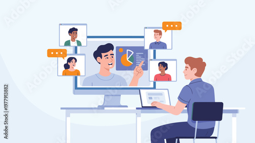 A person joins a virtual group discussion and presentation showing data and charts on a computer screen