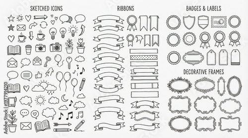 Decorative frames and sketched icons in monochrome design style  