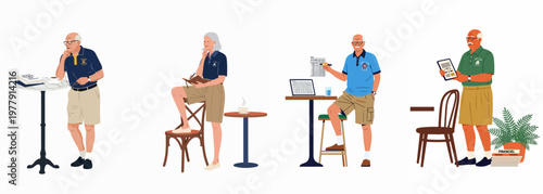 Senior citizens managing finances, estate taxes, and legal documents in retirement, flat character set of elderly people isolated on white background.